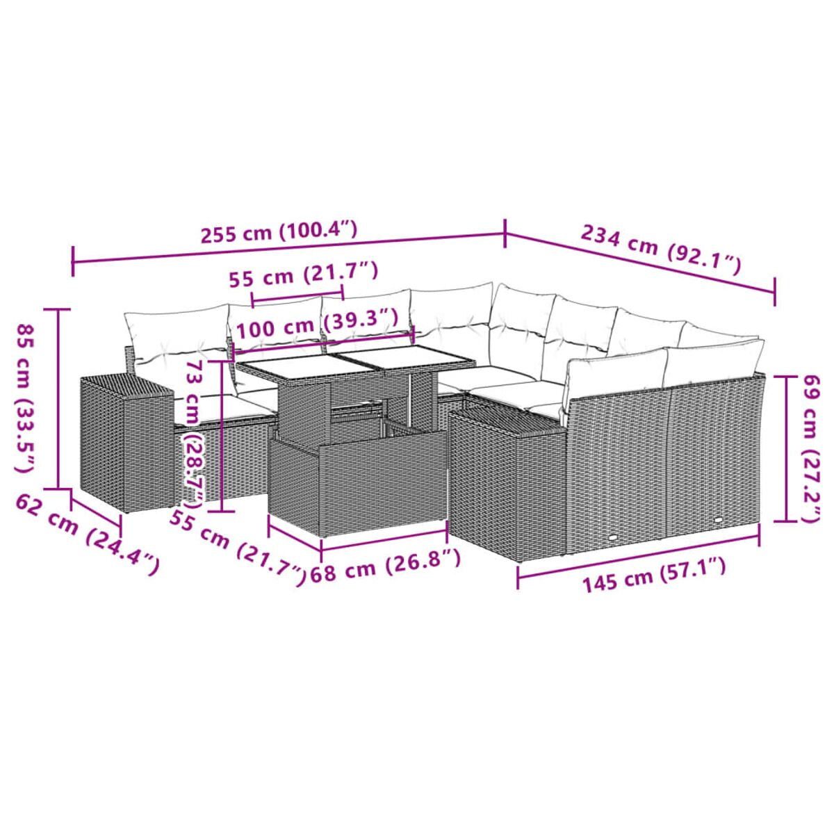 Un diagramma di un set di divani da esterno in vimini grigio con dimensioni. Include un tavolo e un tavolino.