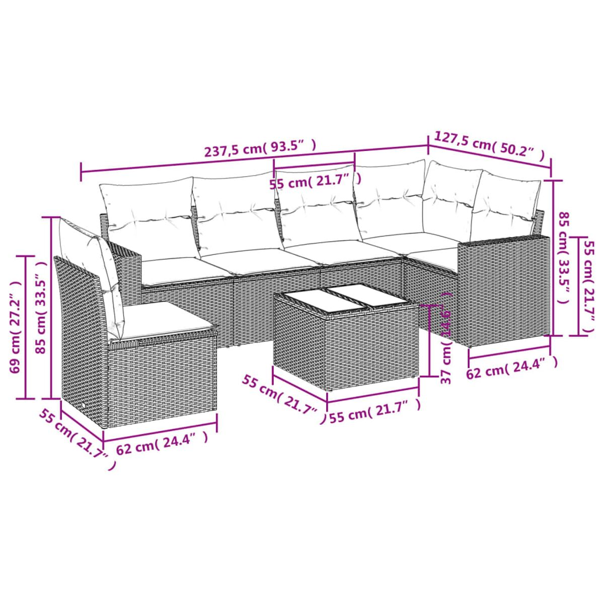 Diagramma di divano componibile con dimensioni in cm e pollici.