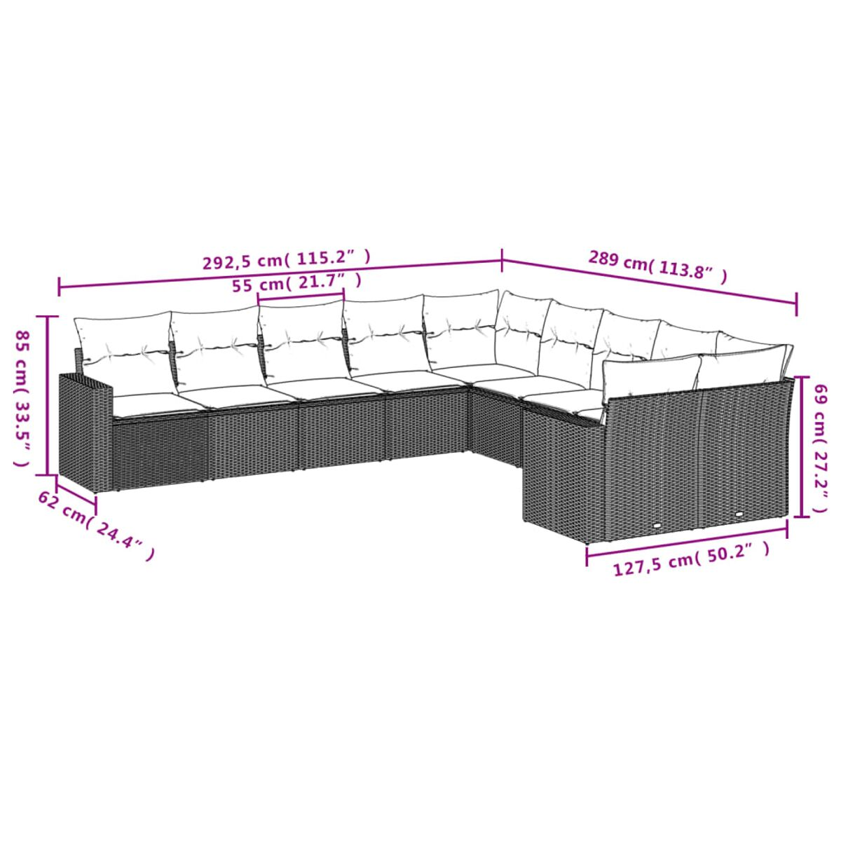 Un diagramma di un divano componibile da esterno con dimensioni in centimetri.