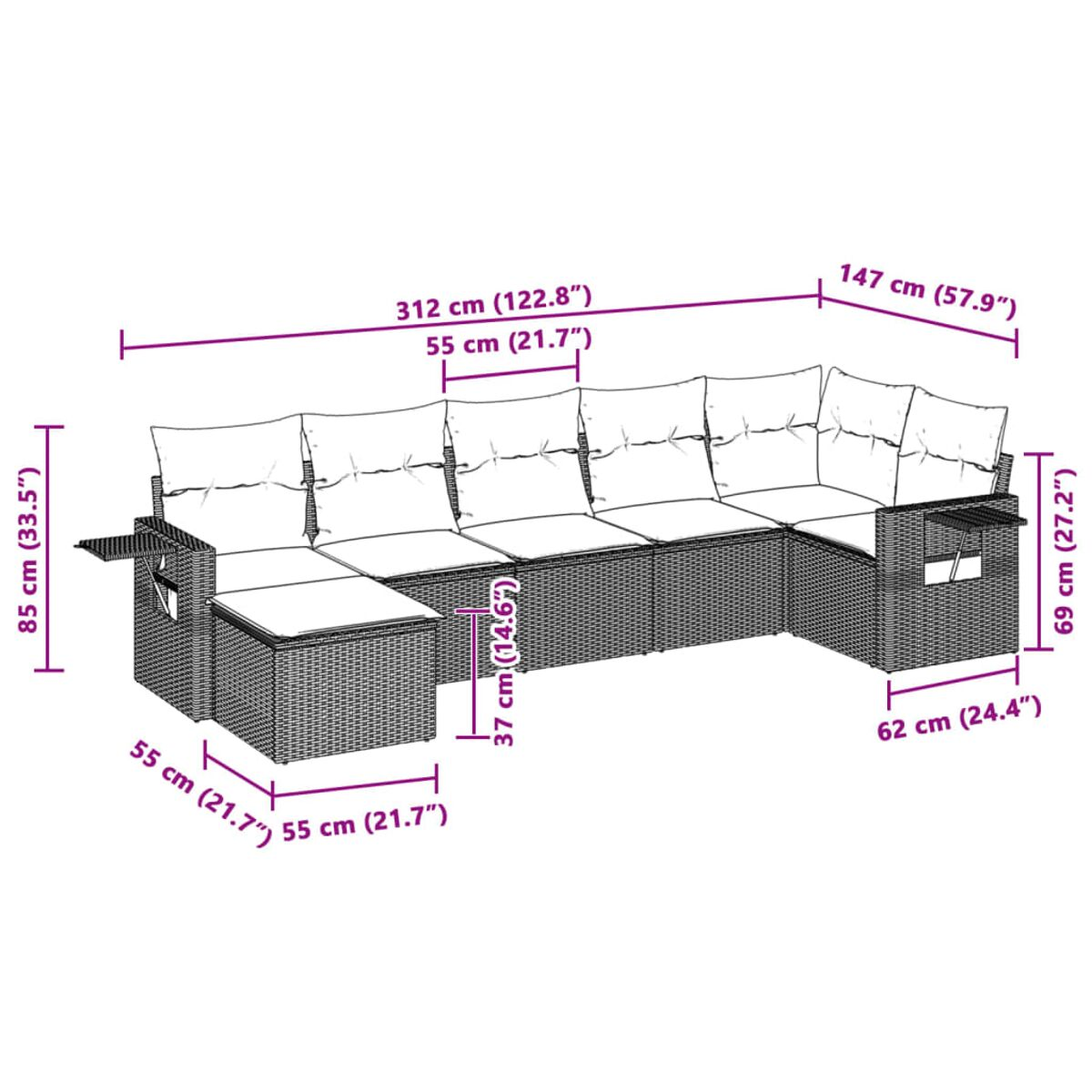 Diagramm eines Rattansofa-Sets mit Maßen in Zentimetern und Zoll.