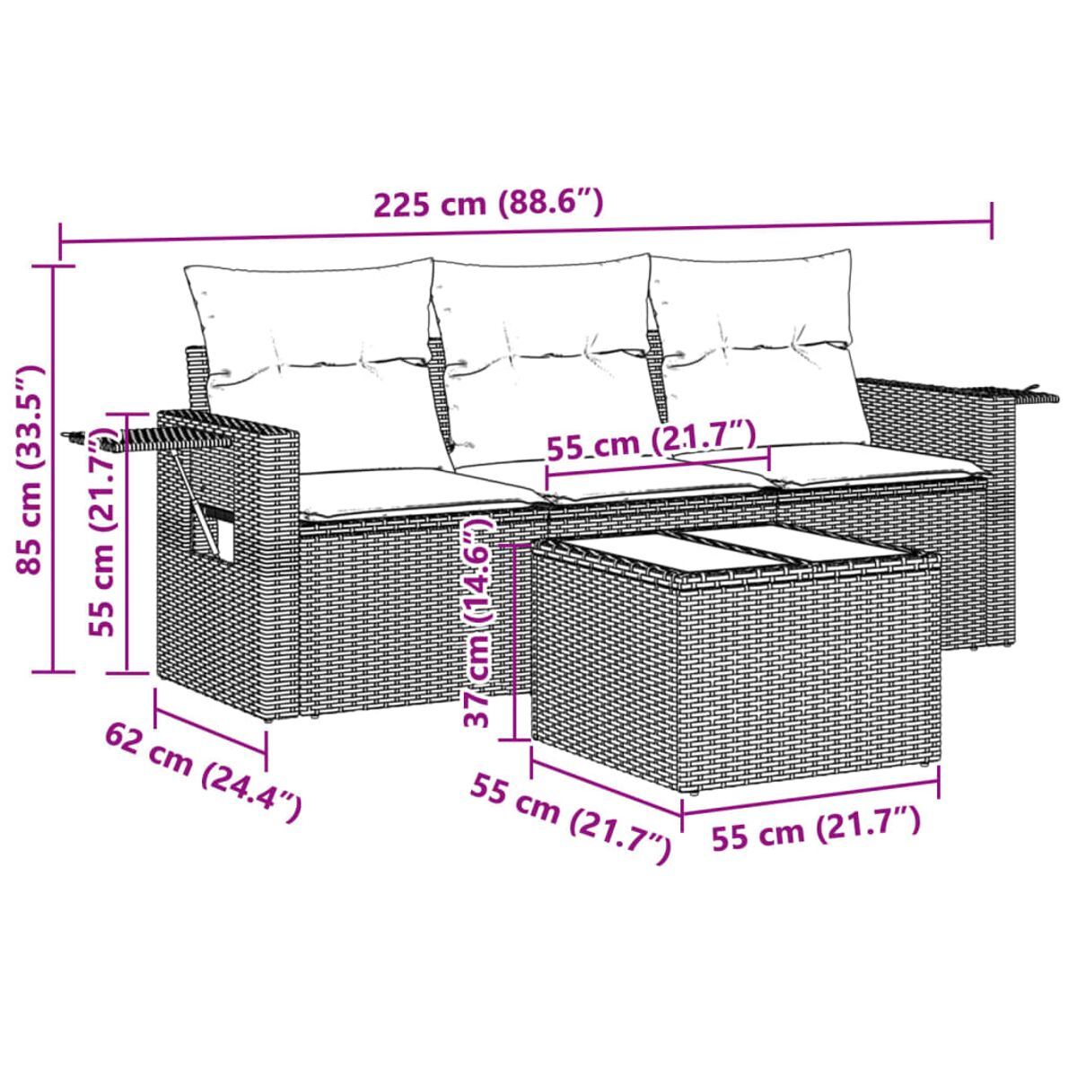 Diagramm eines Korbmöbelsofas mit Abmessungen in cm und Zoll.