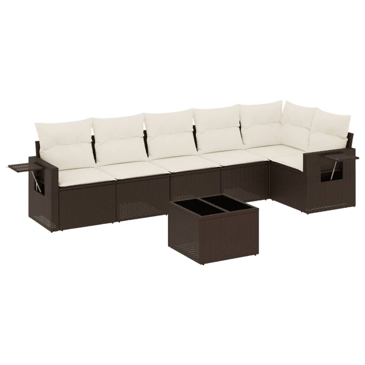 Divano componibile in vimini marrone scuro con cuscini bianco sporco e tavolino nero. Bianco.