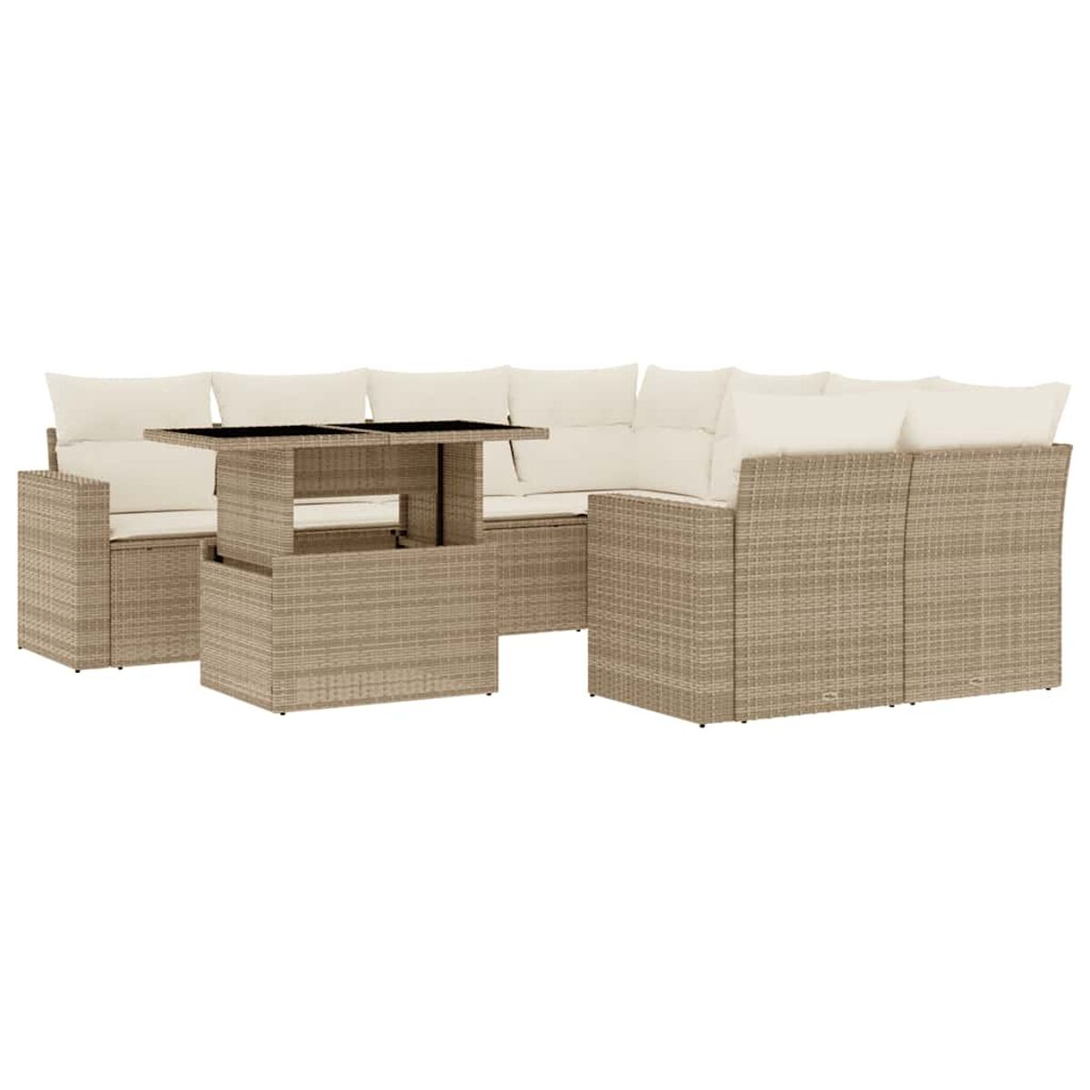 Divano angolare in rattan beige con cuscini beige e tavolino con piano rialzabile.