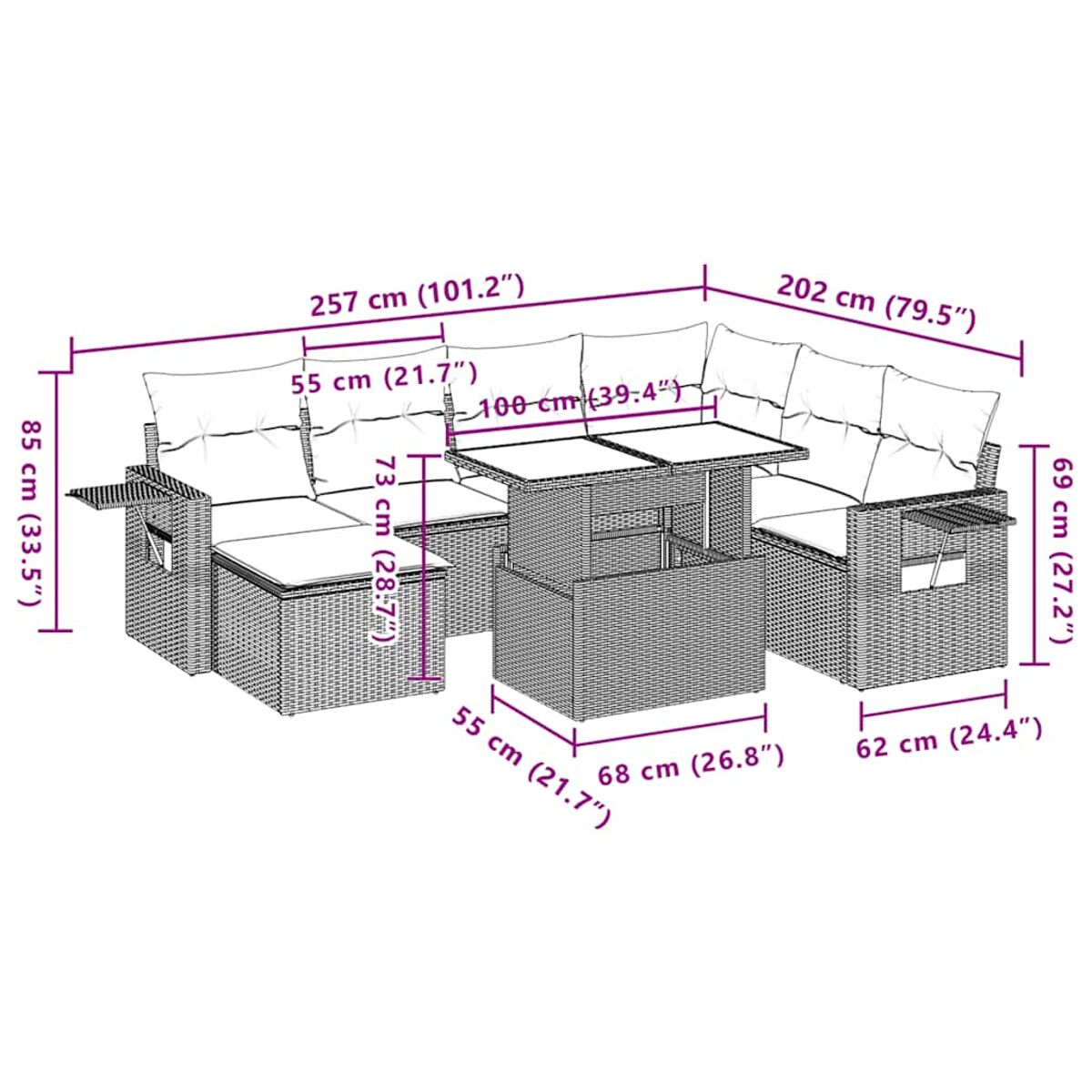 Outdoor-Geflecht-Ecksofa mit in Zentimetern und Zoll angegebenen Abmessungen.