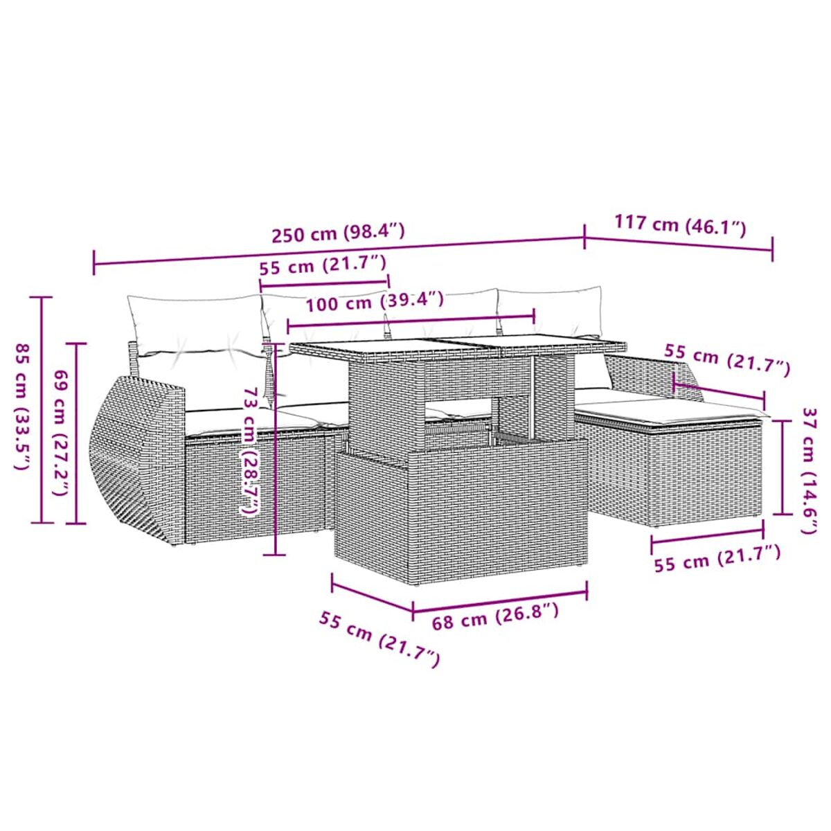 Outdoor Rattan Sofa-Set mit Abmessungen in cm und Zoll beschriftet.