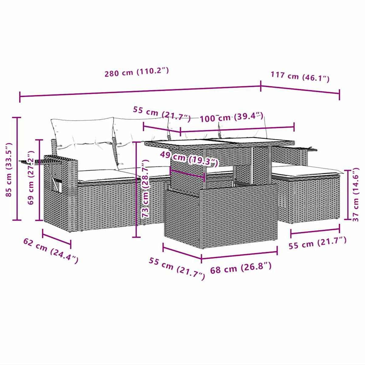 Diagramm eines Korbmöbelsets mit Sofa, Tisch und Fußstütze, mit angegebenen Maßen.