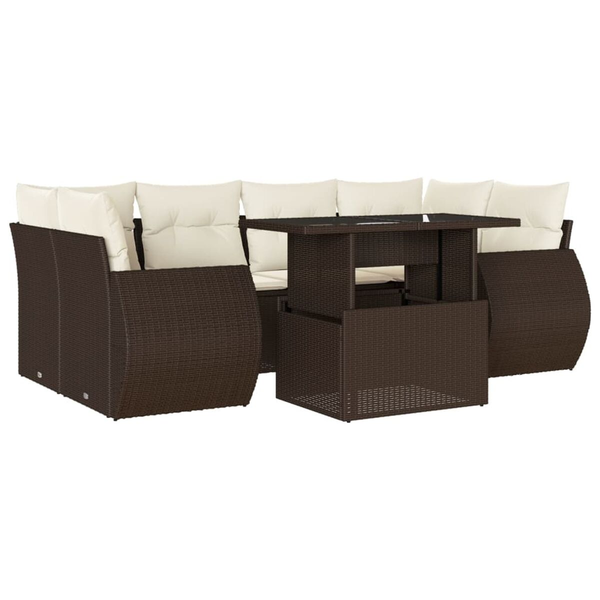 Set divano in vimini marrone con cuscini color crema e un tavolo sollevabile. Il tavolo è marrone.