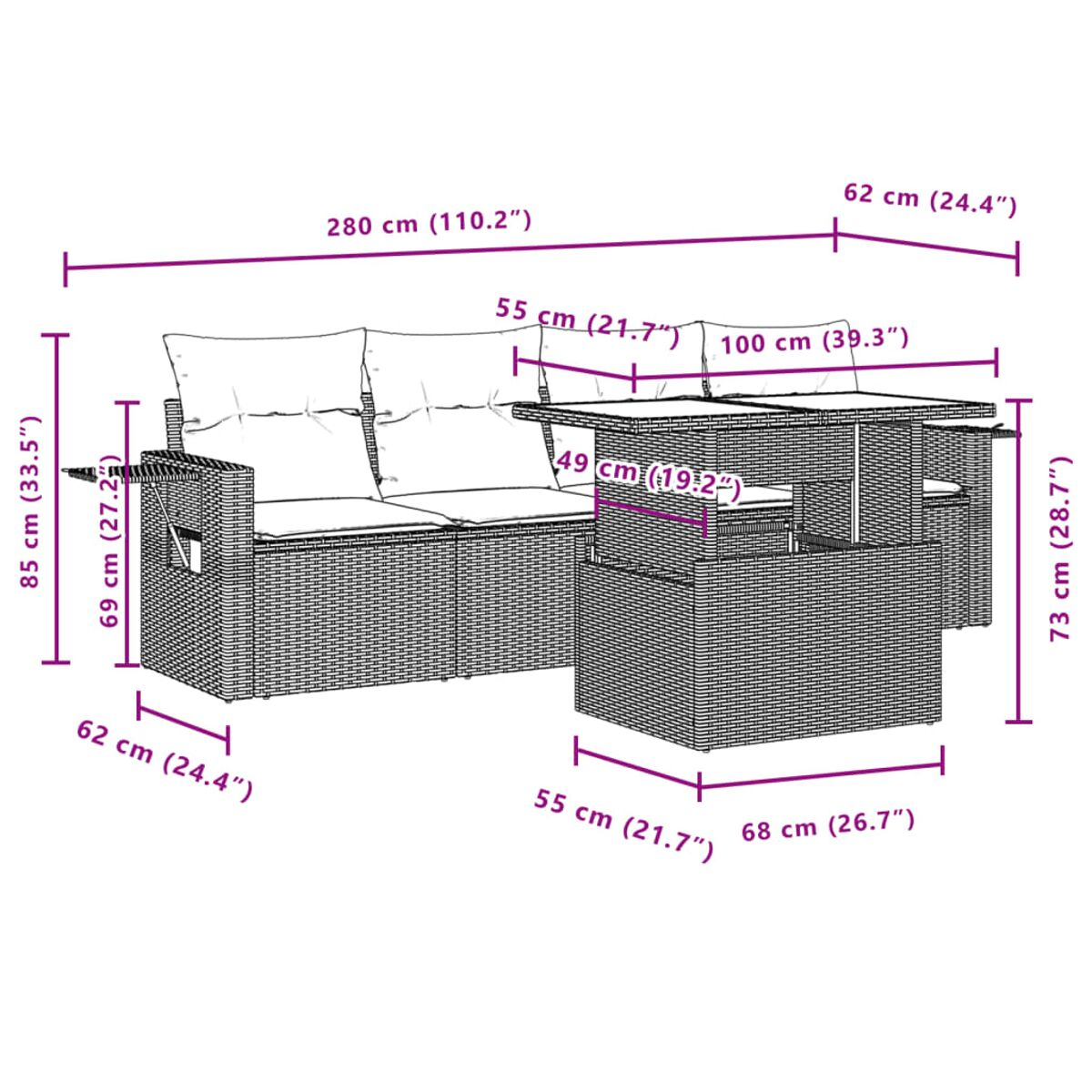 Diagramm eines Ecksofas mit Abmessungen in cm und Zoll.