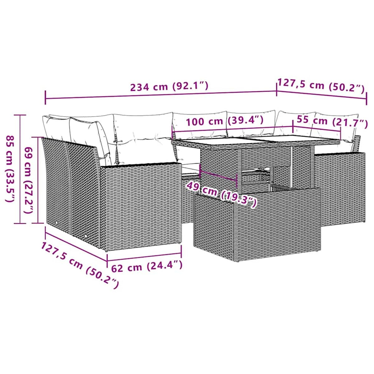 Diagramm eines braunen Korbmöbel-Sets für den Außenbereich mit Maßangaben in cm und Zoll.