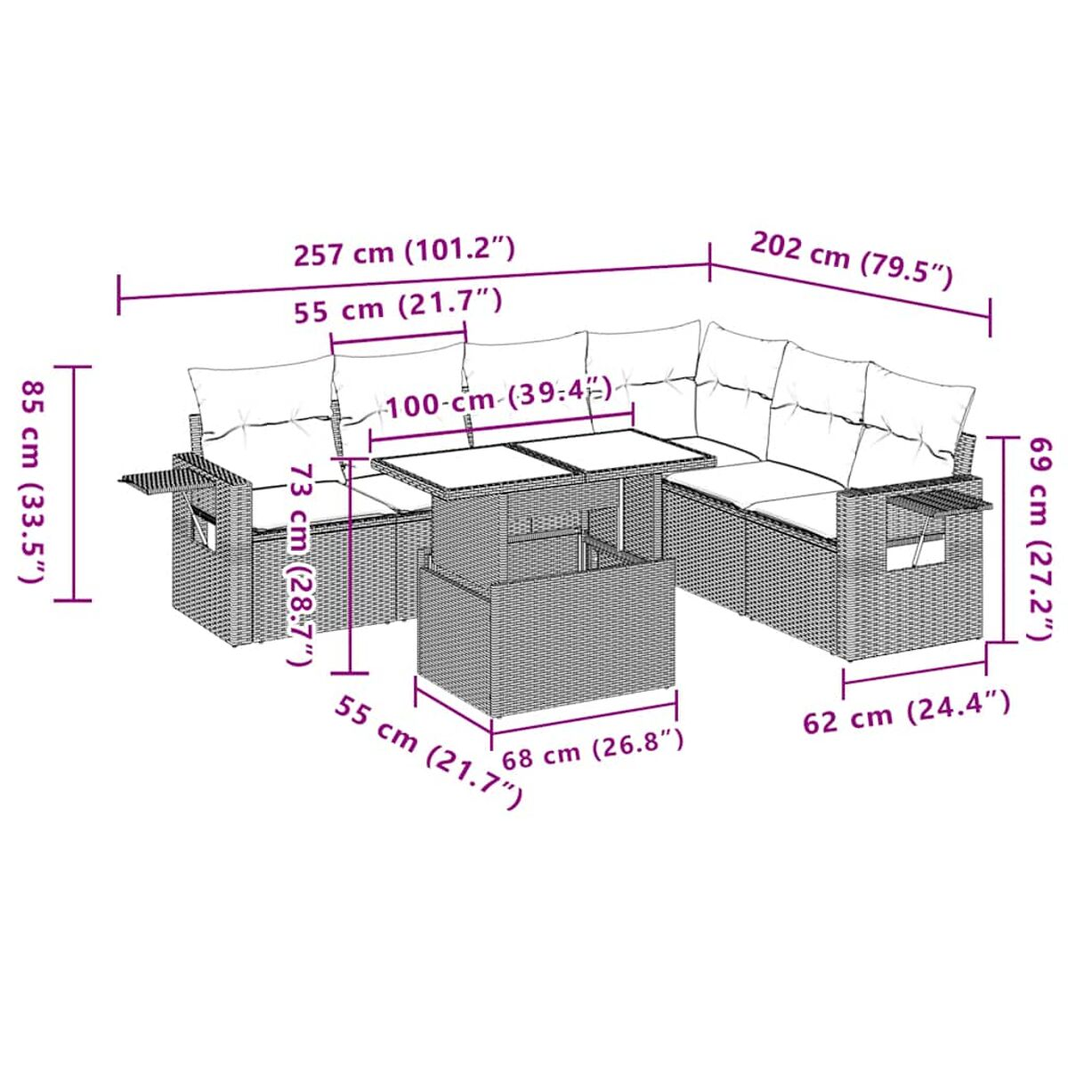 Diagramm eines Ecksofas mit Maßen. Zeigt Längen-, Breiten- und Höhenmaße in Zentimetern.