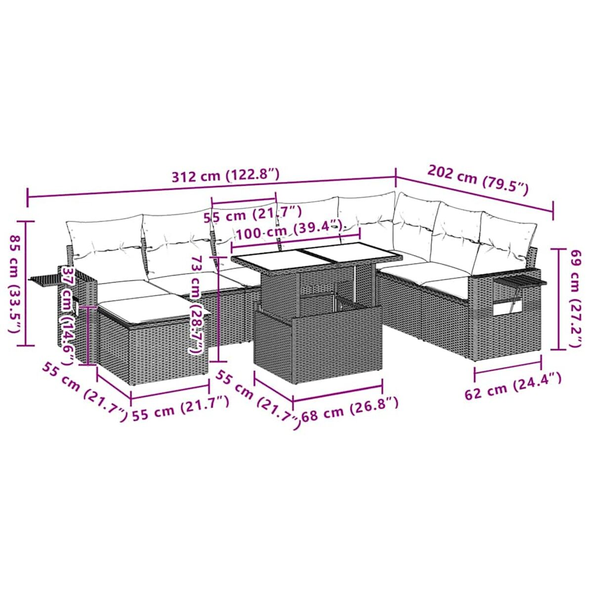 Diagramm von Korbsitzmöbeln für die Terrasse mit Abmessungen in cm und Zoll.