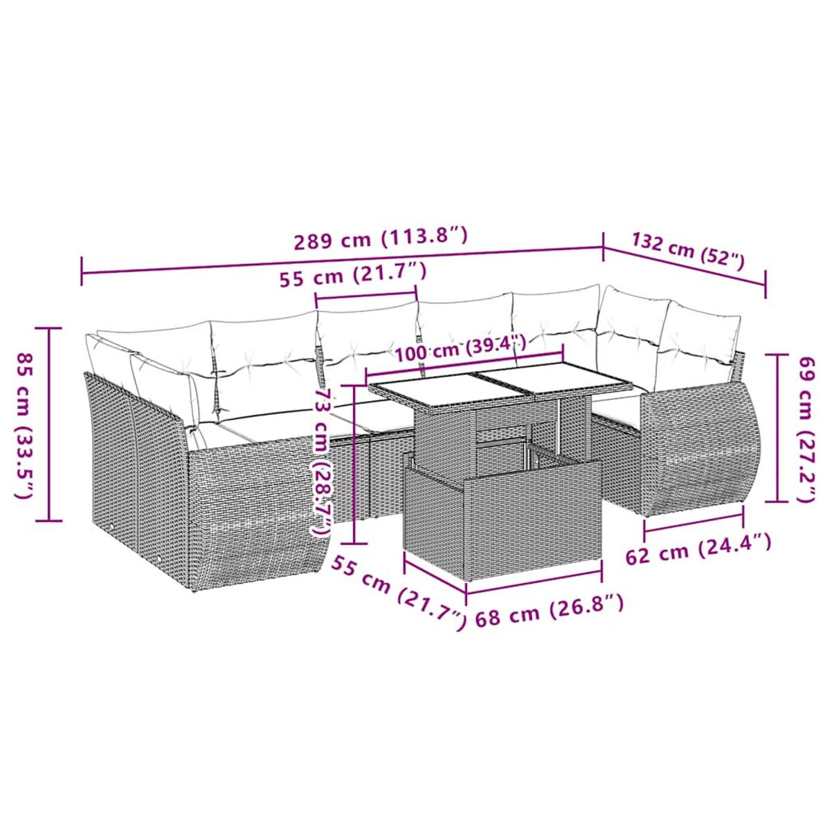 Rattan-Möbelset-Diagramm mit Abmessungen. Weißer Hintergrund.