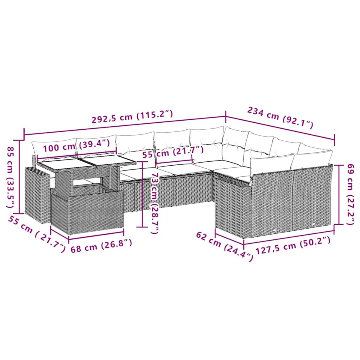 Geflecht-Terrassenmöbel-Set mit Abmessungen. Enthält einen Tisch und ein Sofa mit Kissen.
