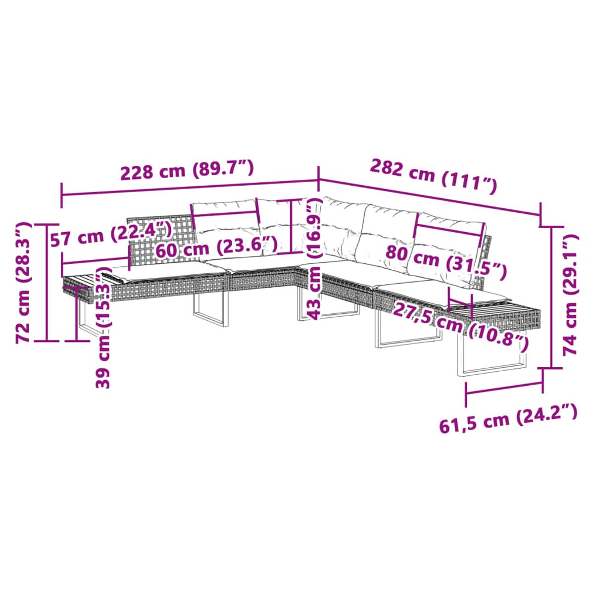 Set divano in rattan per esterni con dimensioni. Include un divano angolare e un tavolino. Il set ha dimensioni.