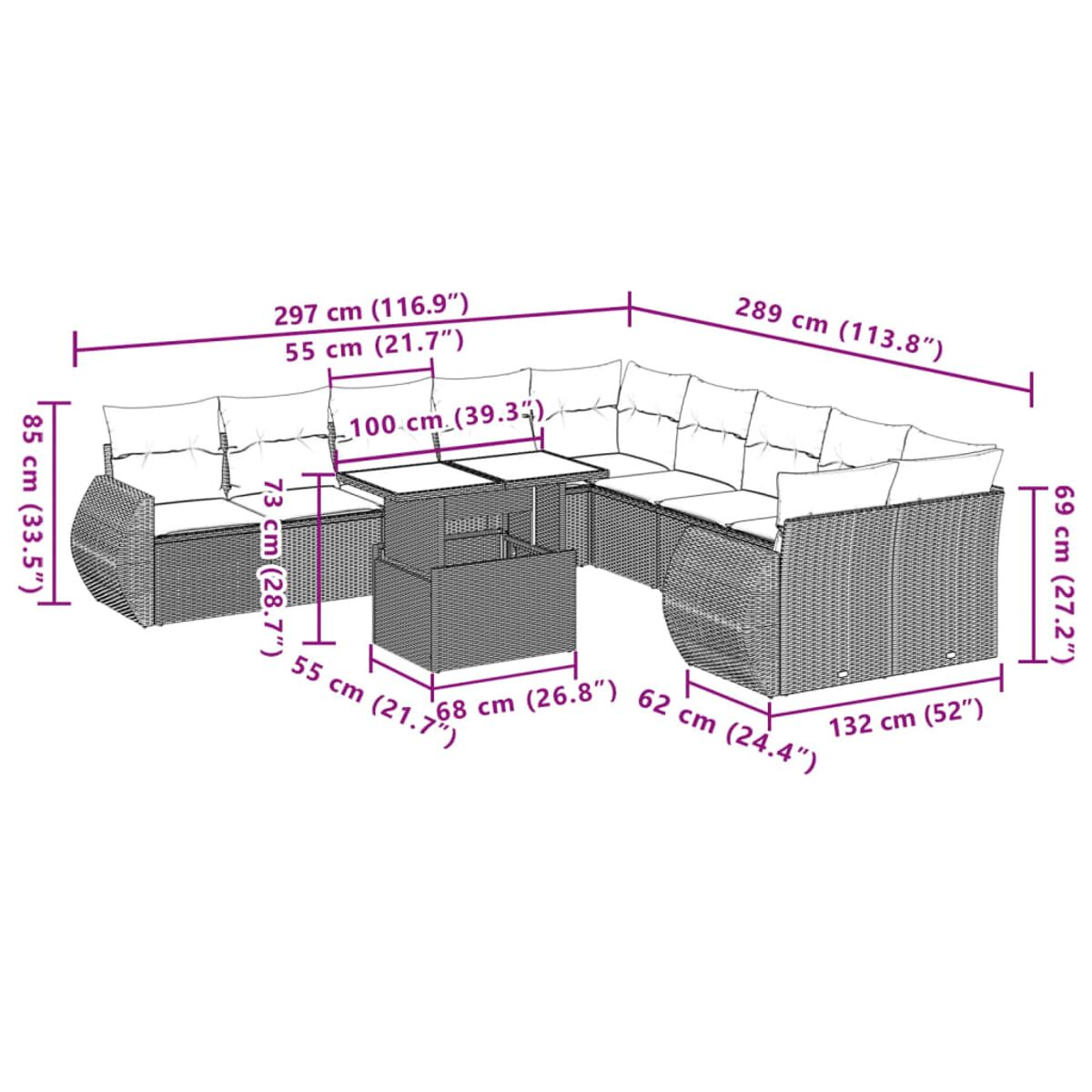 Auf weißem Hintergrund ein Diagramm eines braunen Outdoor-Ecksofas aus Korbgeflecht mit Abmessungen.