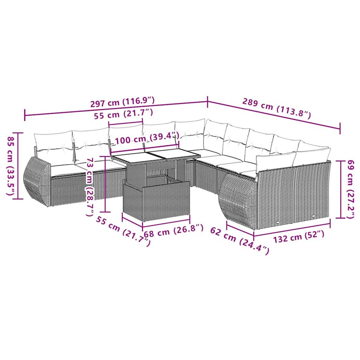 Zeichnung mit Maßen eines Ecksofa-Sets für den Außenbereich. Das Set beinhaltet einen Tisch und ein Ecksofa.