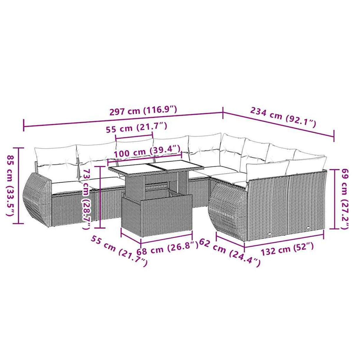 Diagramma che mostra un set di mobili da esterno con dimensioni in centimetri e pollici.