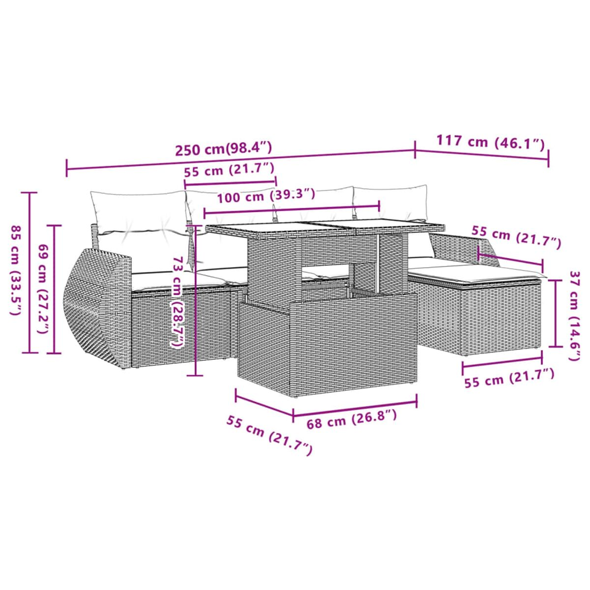 Diagramma di divano angolare da esterno con dimensioni.