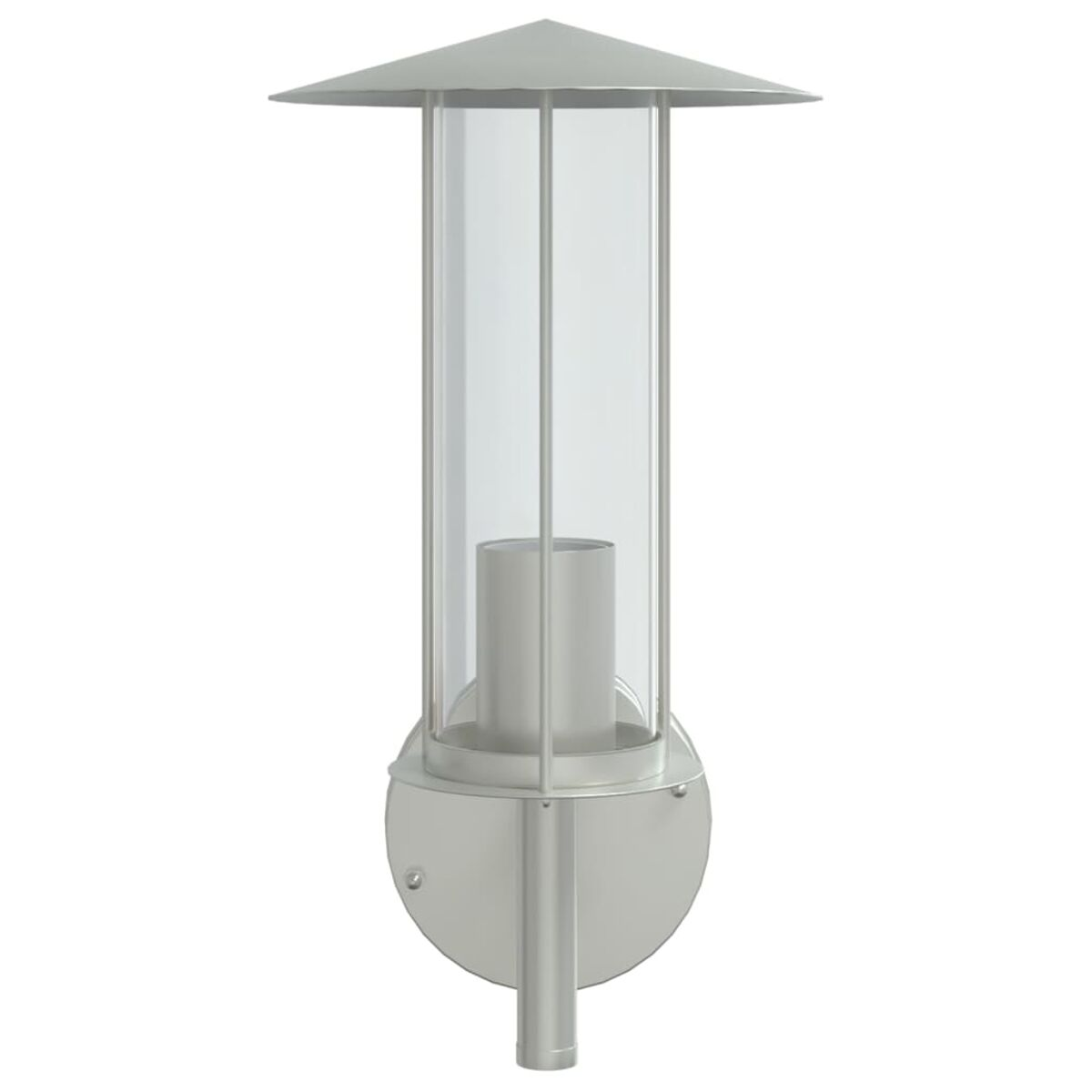 Silberne Wandleuchte mit zylindrischem Glasschirm und konischem Aufsatz.