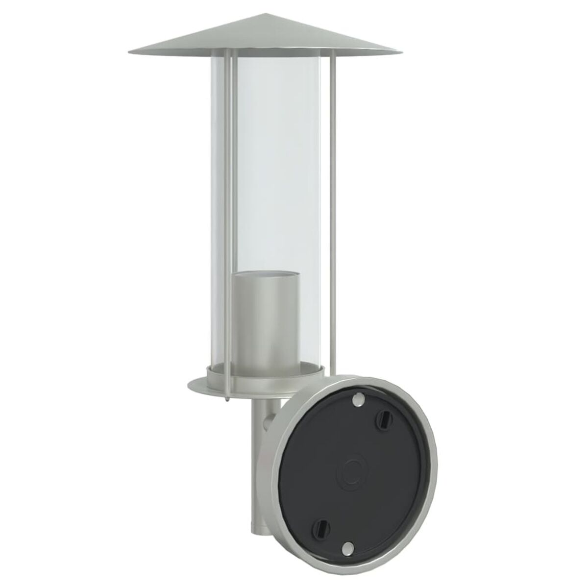 Silberne moderne Außenlampe mit Glas und dunkler Basis.