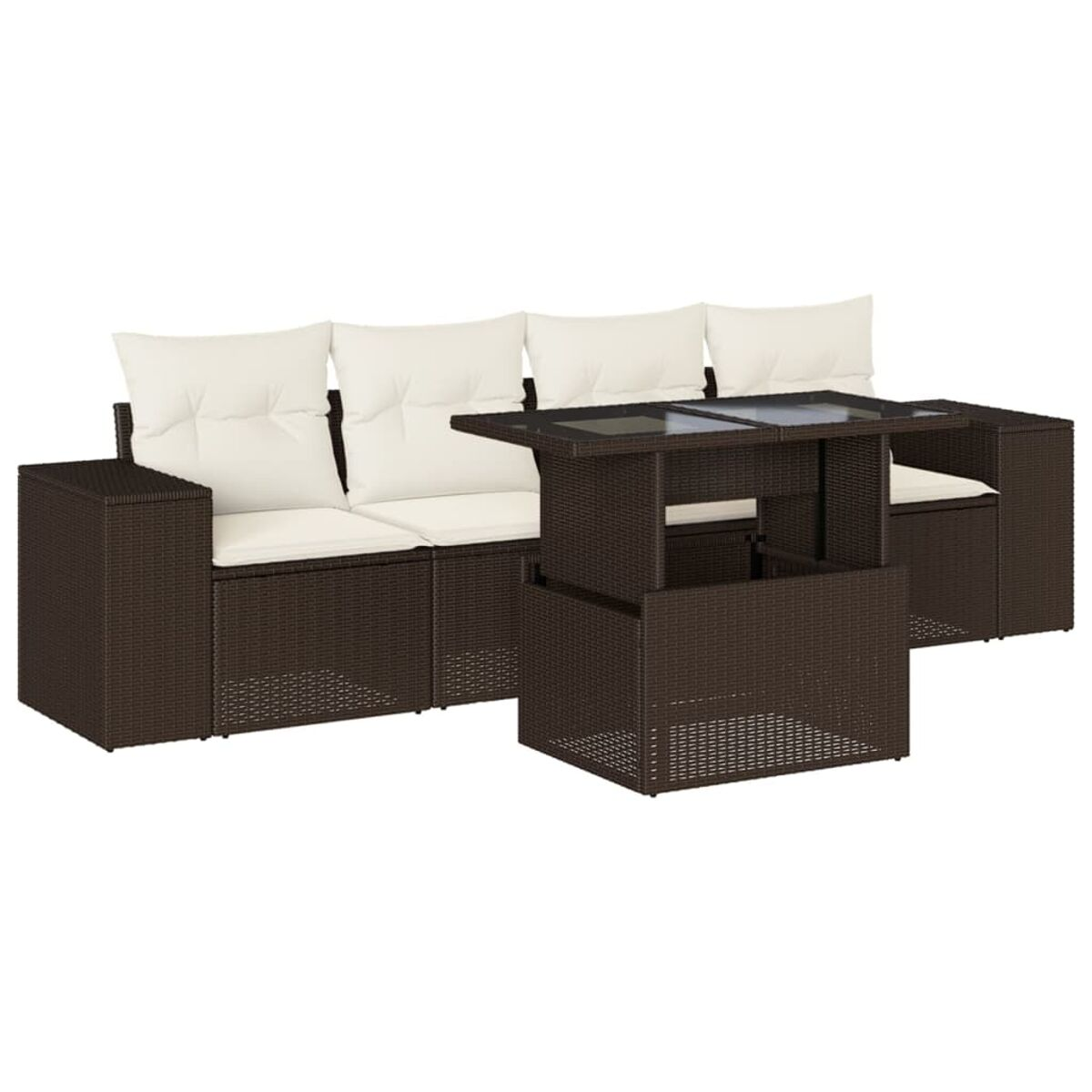 Set divani in rattan marrone con tavolino sollevabile e cuscini color crema, isolato su sfondo bianco.