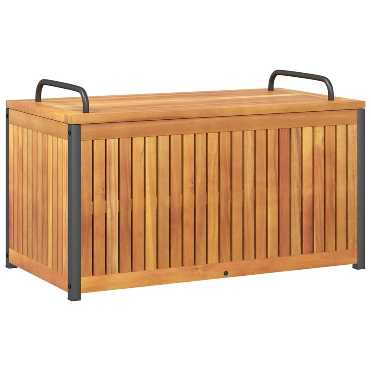 Holz-Aufbewahrungsbox für den Außenbereich mit schwarzem Metallrahmen.