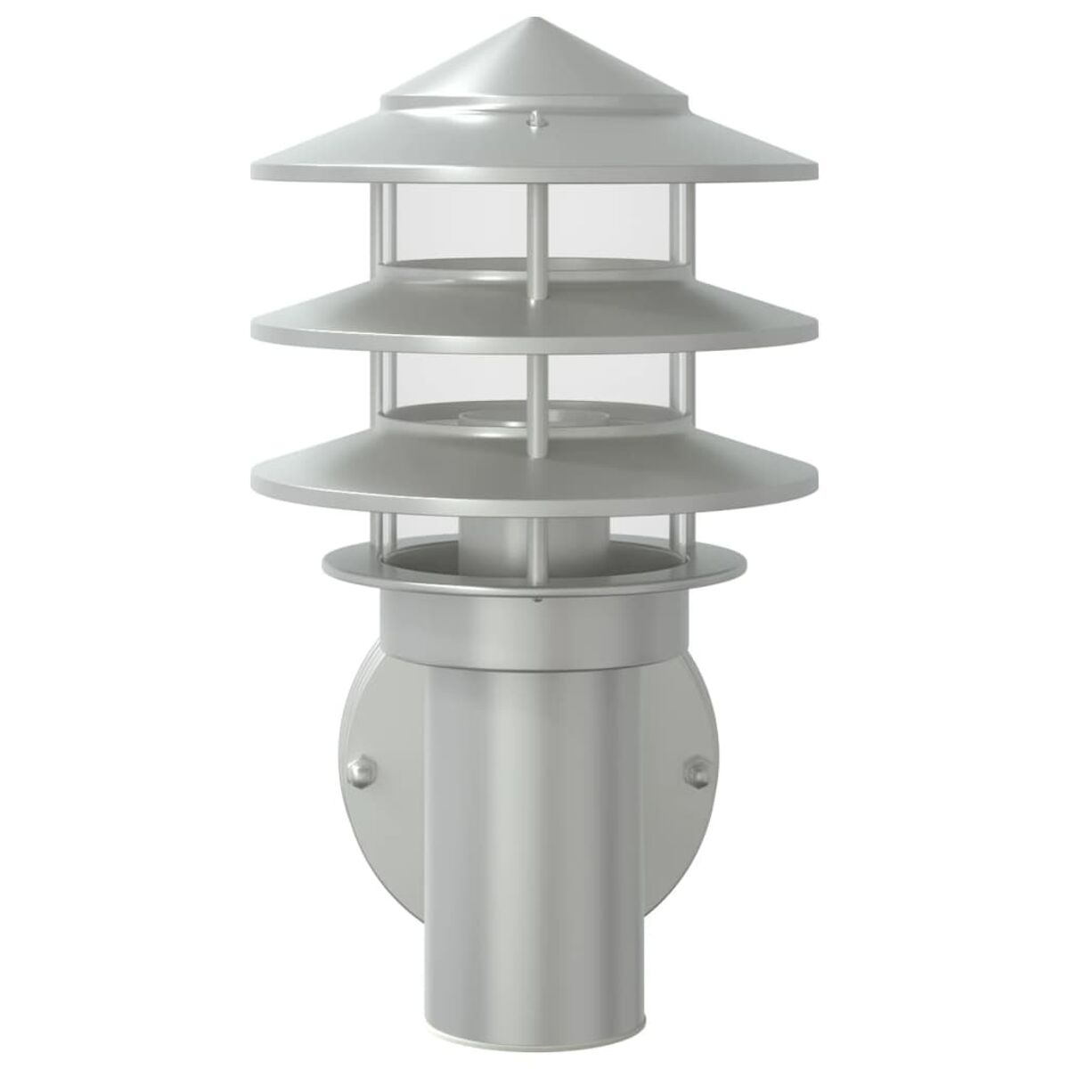 Silberne Außenwandleuchte. Dreistufige, runde Lampe mit zylindrischem Sockel. Weißer Hintergrund.