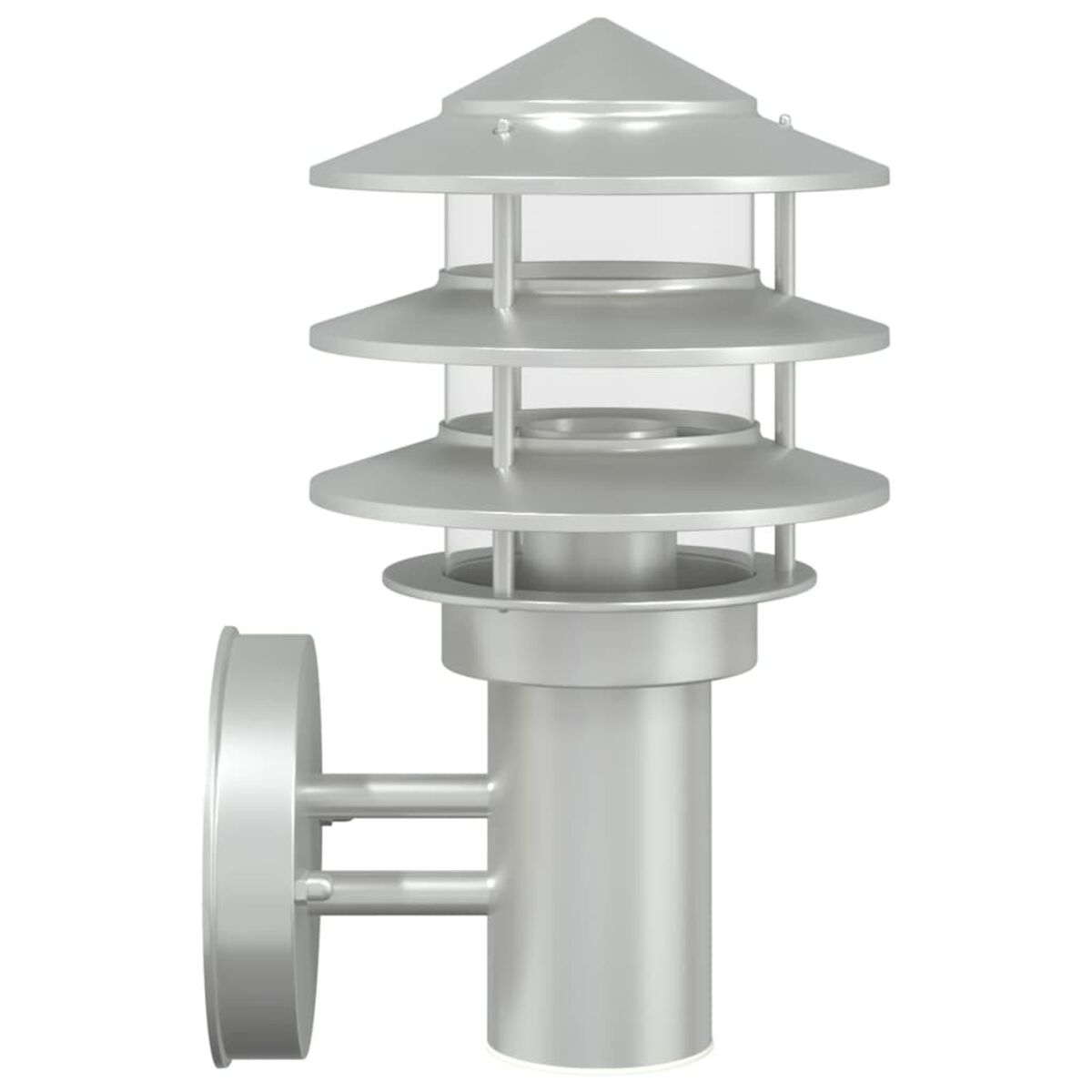 Silberne Außenlampe mit mehrstufigem Design. Kreisförmige Basis, zylindrischer Körper und mehrere Schirme.
