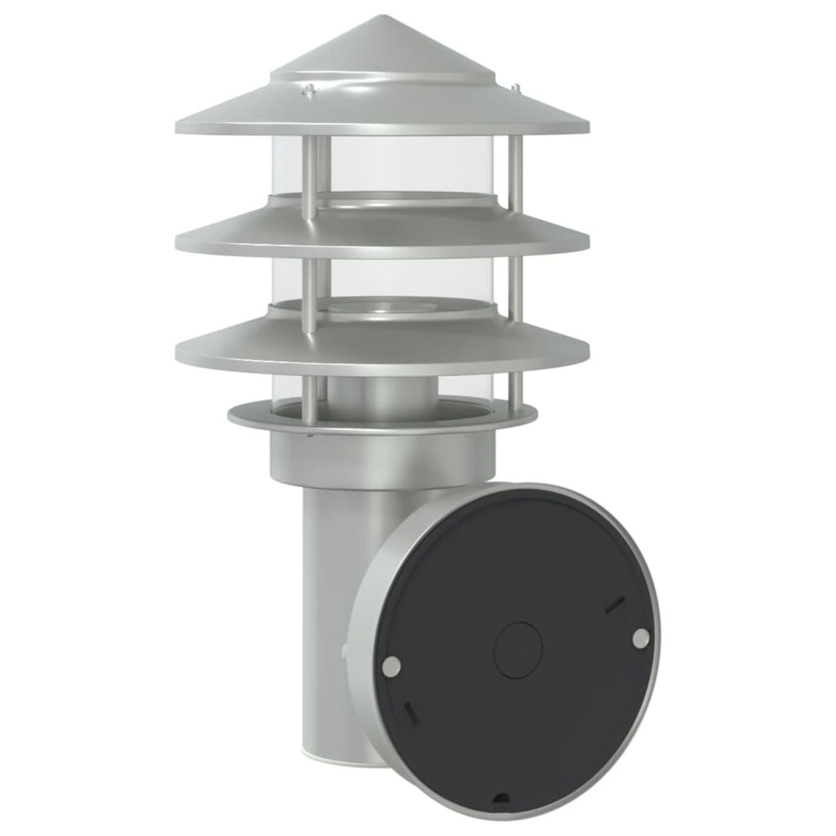 Silberne Außenlampe mit drei Schirmen und rundem Wandfuß.