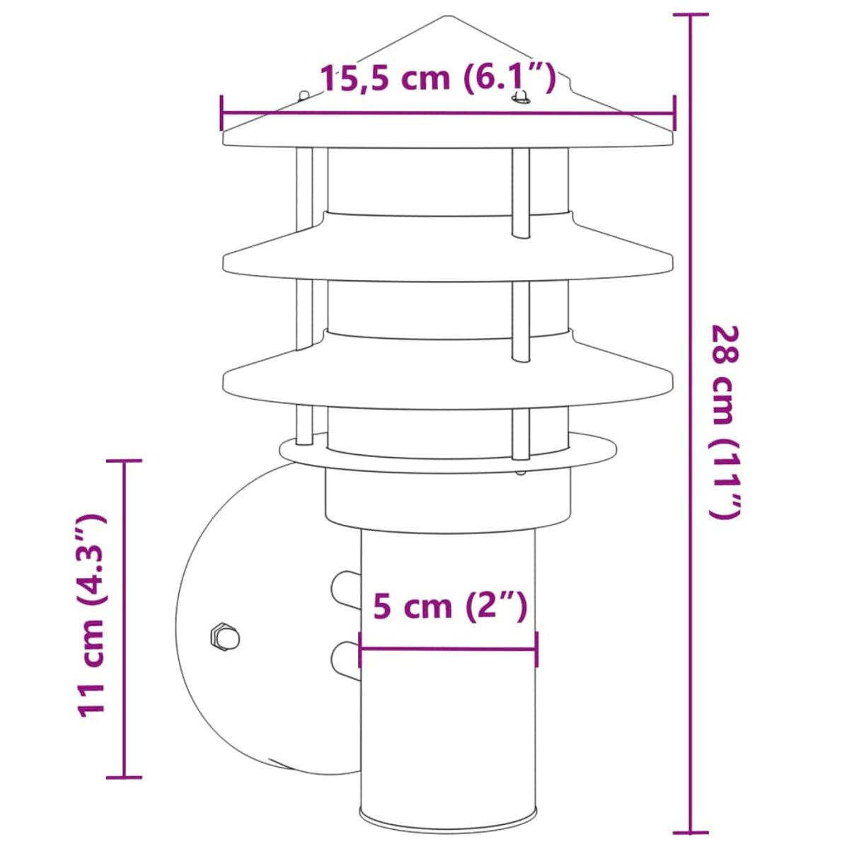 Outdoor-Wandleuchte mit gestuftem Design. Maße in Zentimetern und Zoll, auf Weiß.