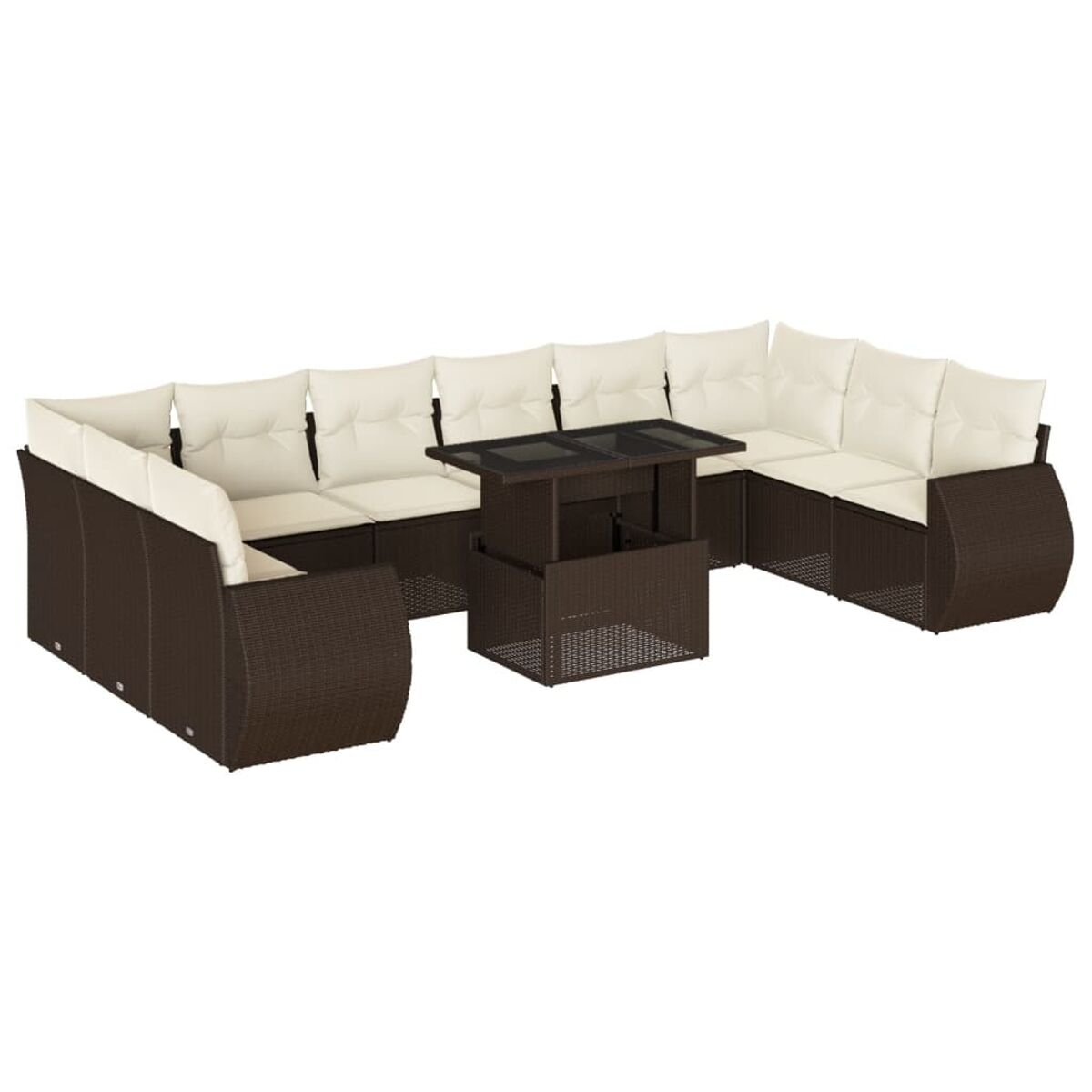 Set divano componibile in vimini marrone con tavolo rialzabile e cuscini color crema. Include un pouf.