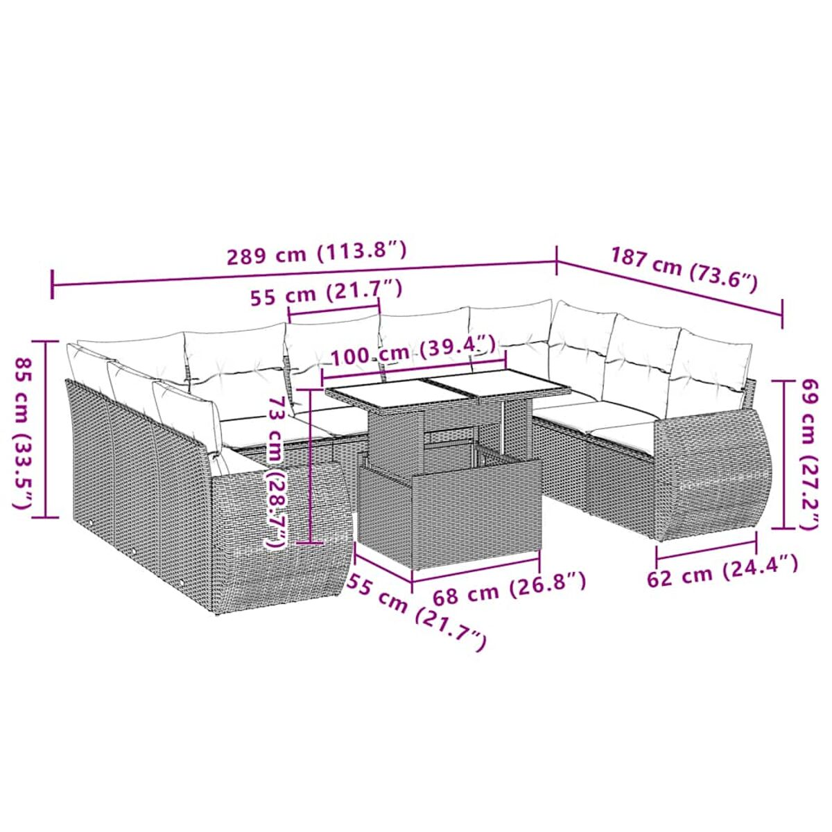 Dimensioni di un set di mobili da esterno in rattan. Il set include un tavolo, sedie e un divano.