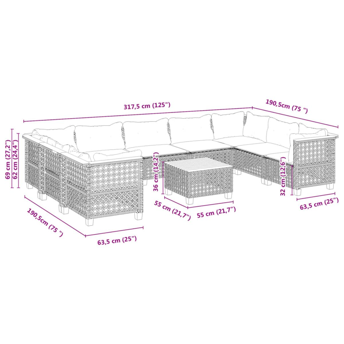 Diagramm eines Outdoor-Ecksofas aus Korbgeflecht mit Abmessungen in Zentimetern und Zoll.