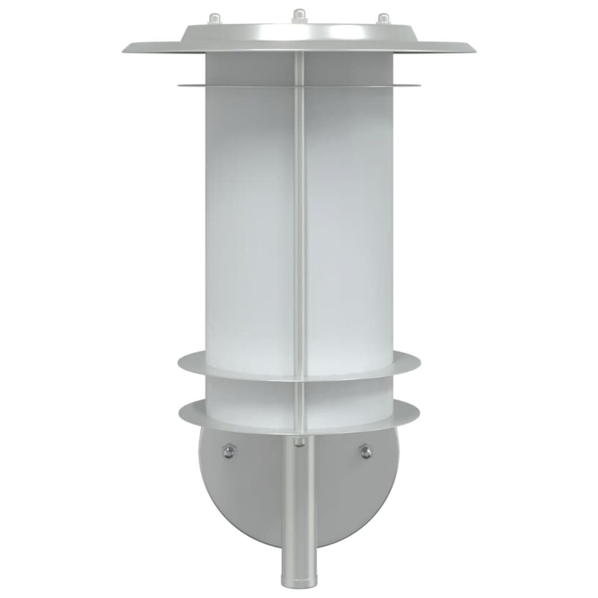 Eine moderne silberne Außenwandleuchte mit zylindrischer Lichtquelle.