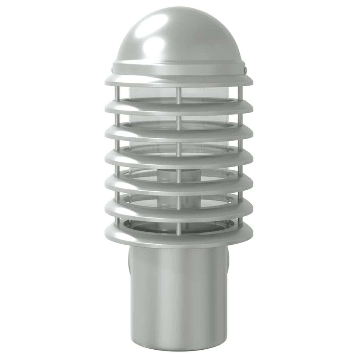 Lampada da esterno argentata con parte superiore arrotondata e multiple fasce orizzontali. Base cilindrica.