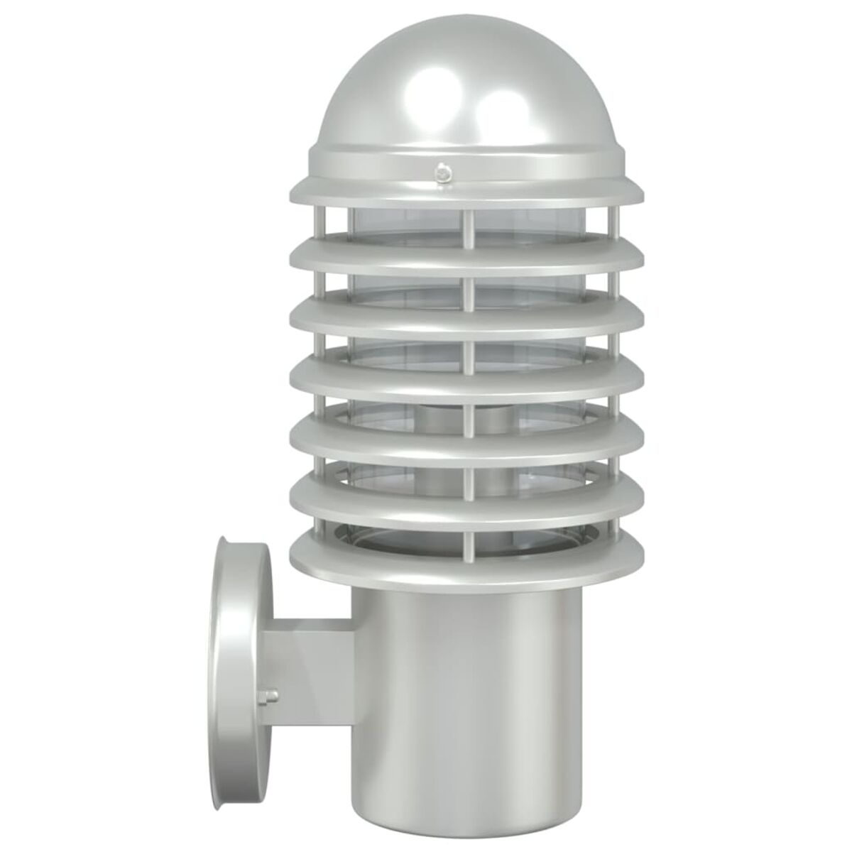 Una lampada da parete per esterni argentata. Ha una parte superiore arrotondata e multiple linee orizzontali.