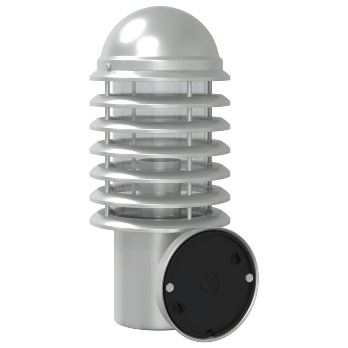 Lampada da esterno argentata con base nera. La lampada è cilindrica con scanalature orizzontali.