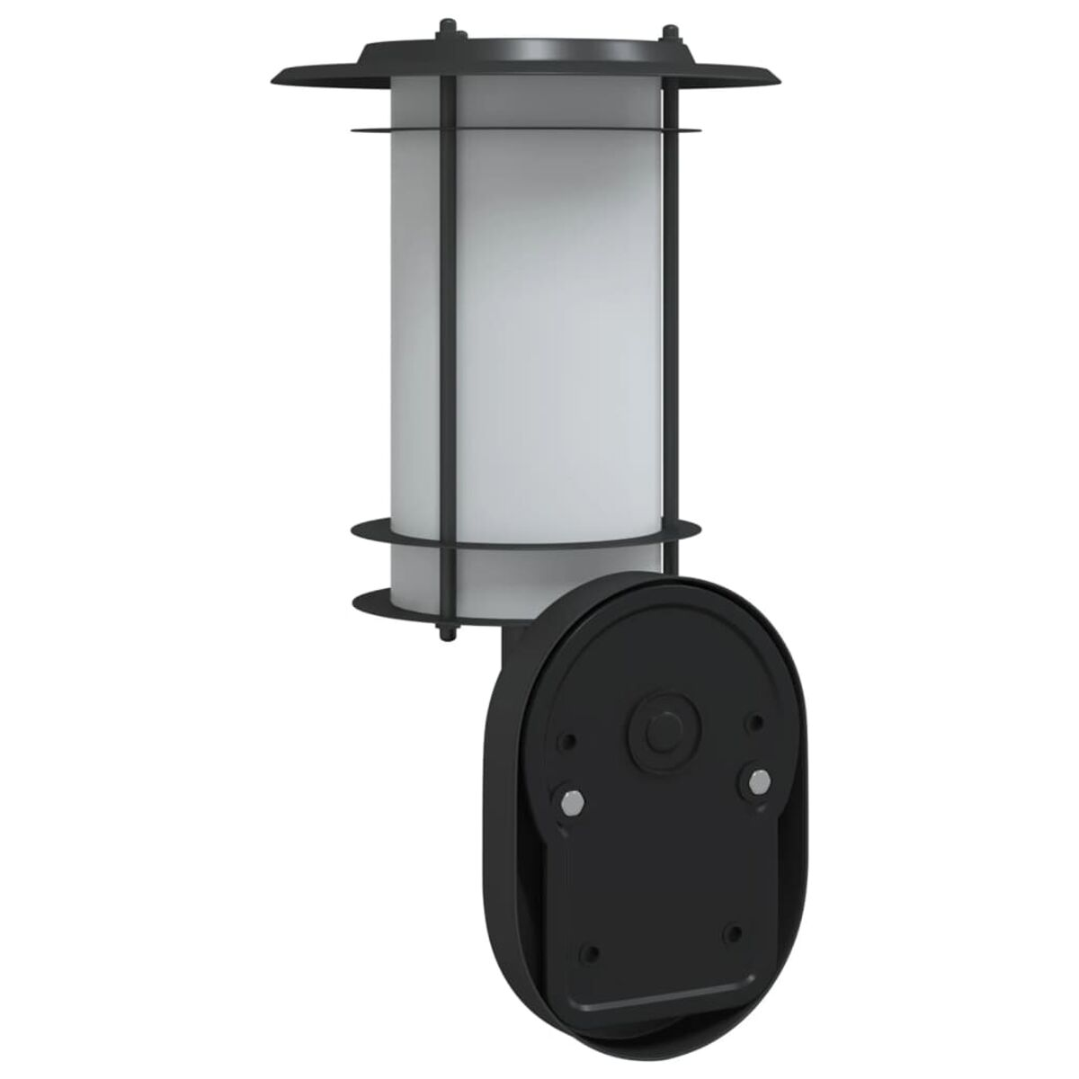 Schwarze Außenwandleuchte mit zylindrischem Weißglas und Montagebasis.