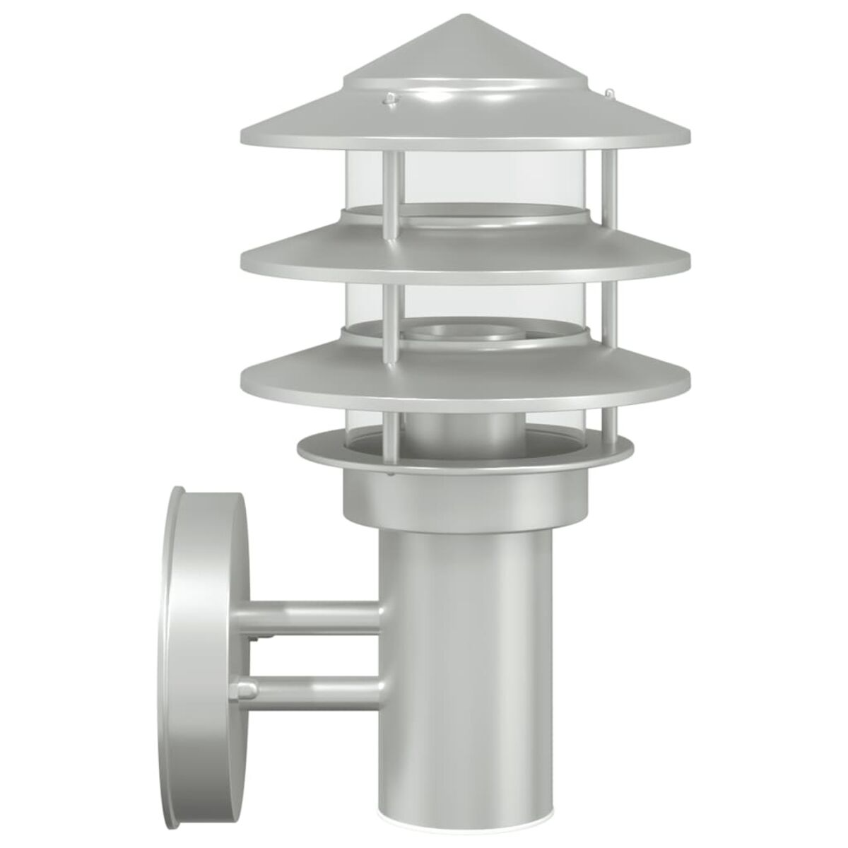 Silberne Außenlampe mit geschichteten kreisförmigen Schirmen und einem durchsichtigen Glaszylinder.