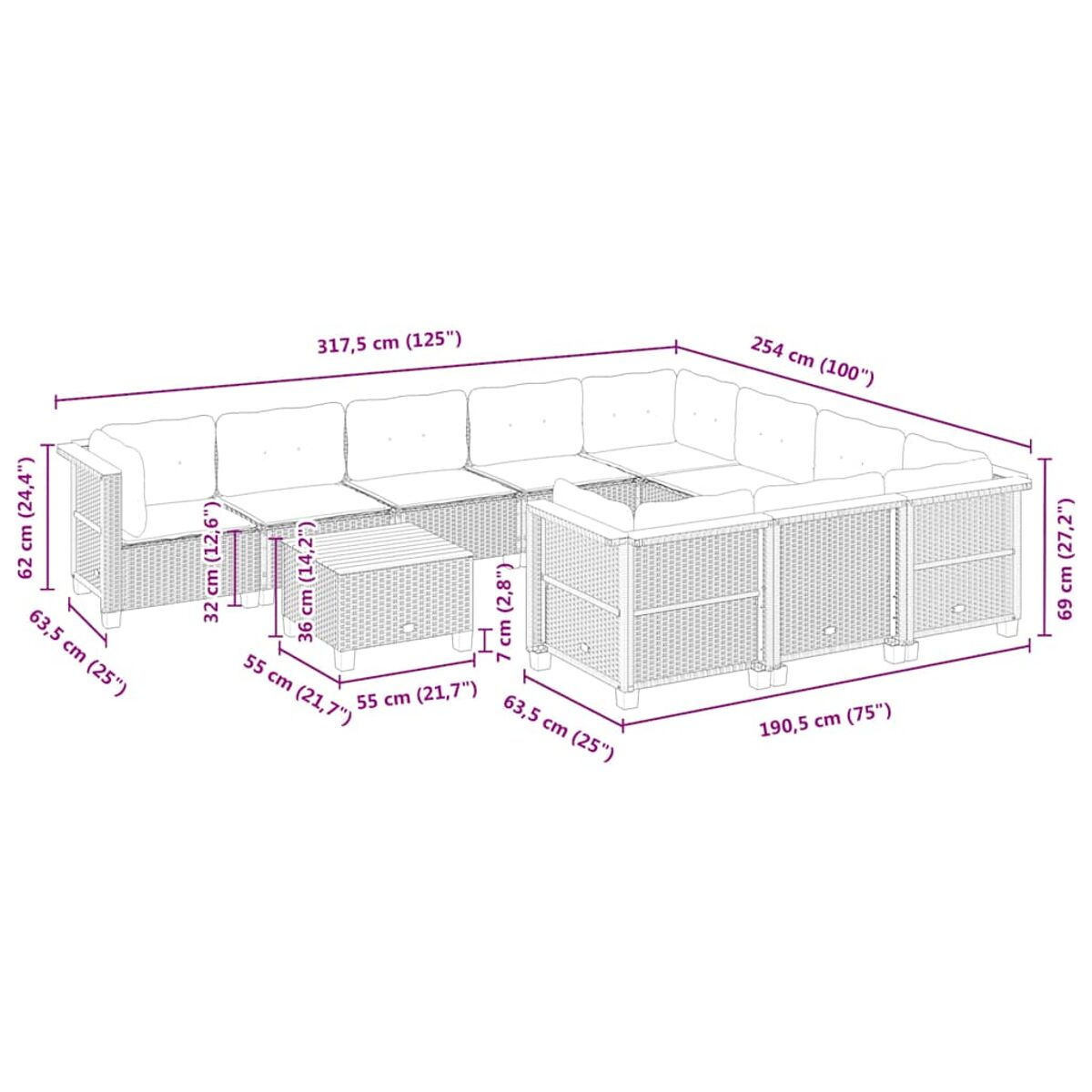 Un diagramma mostra un divano componibile in vimini con dimensioni in cm e pollici.