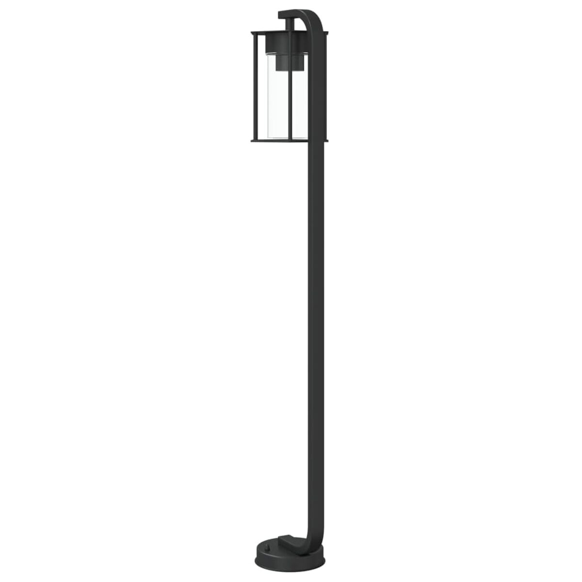 Palo di lampada da esterno nero con una lanterna in cima in un ambiente giardino.