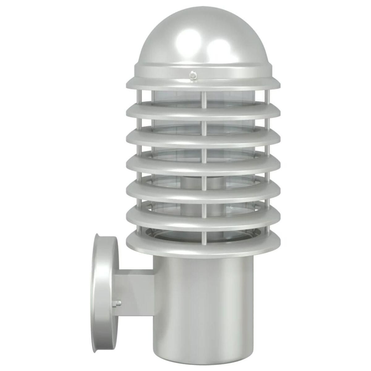 Lampada da parete esterna argentata con parte superiore arrotondata e scanalature.