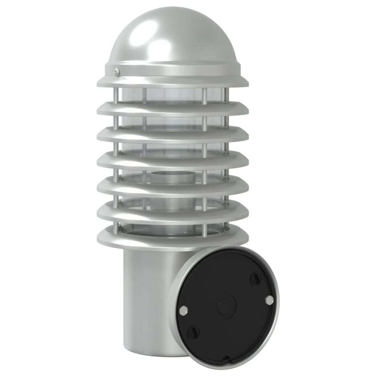 Lampada da esterno argentata con design cilindrico e base nera, isolata su bianco.