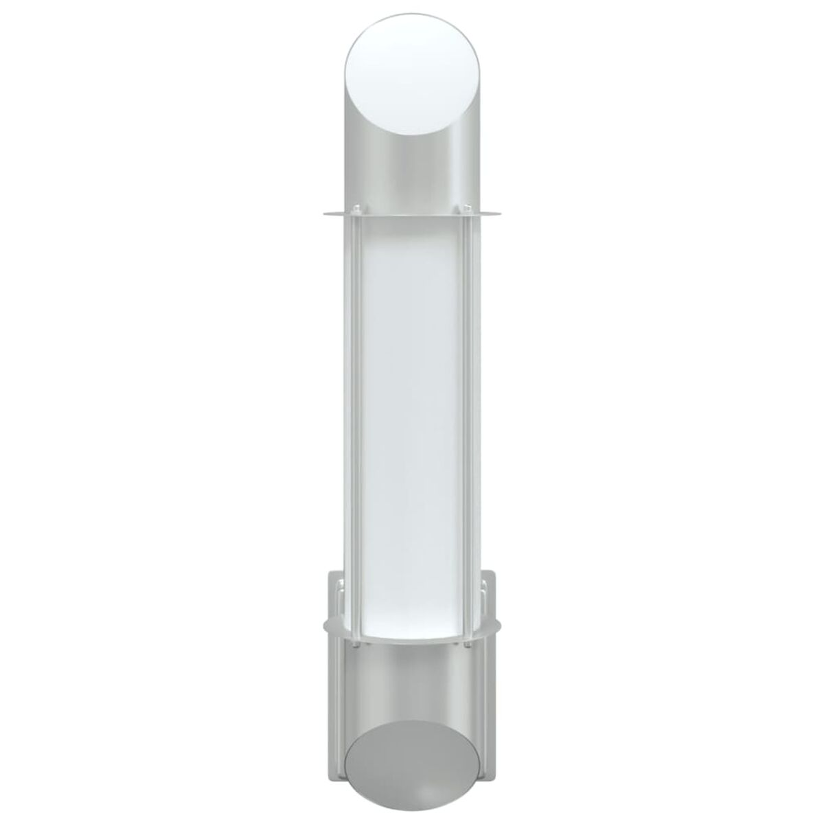 Una lampada da esterno moderna e argentata. Ha una forma cilindrica, cerchi superiori e inferiori.