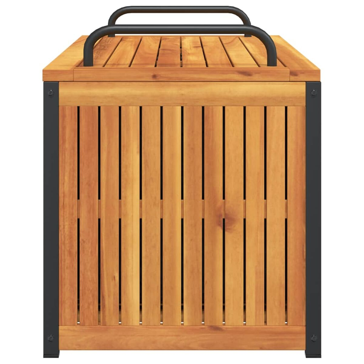 Outdoor-Aufbewahrungsbox aus Holz mit schwarzen Akzenten und einem Griff.