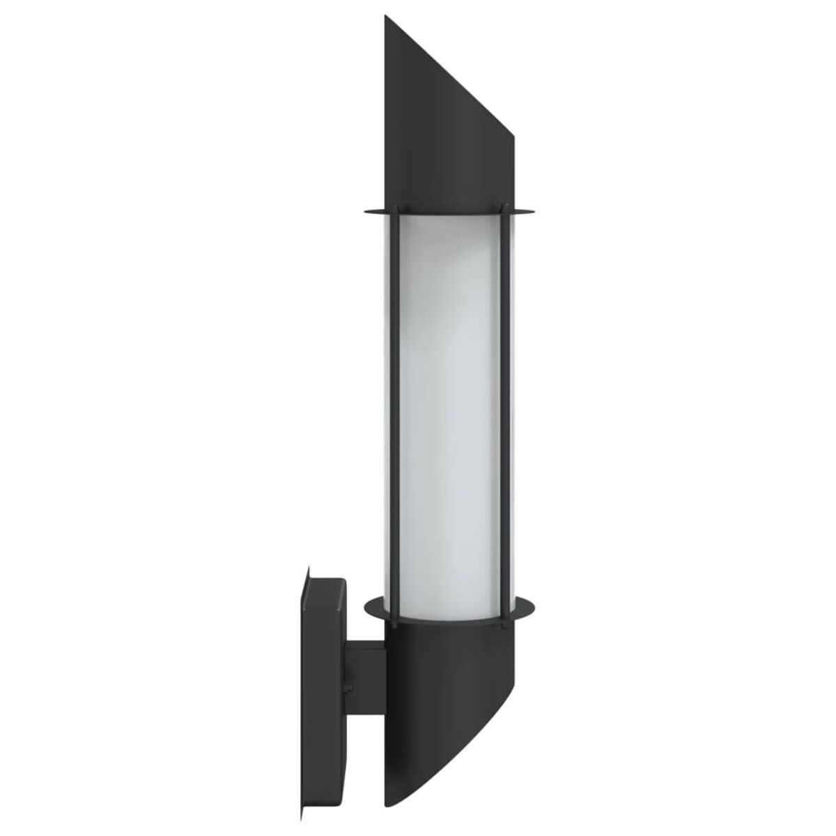 Una lampada da parete per esterni nera con un diffusore di luce bianco.