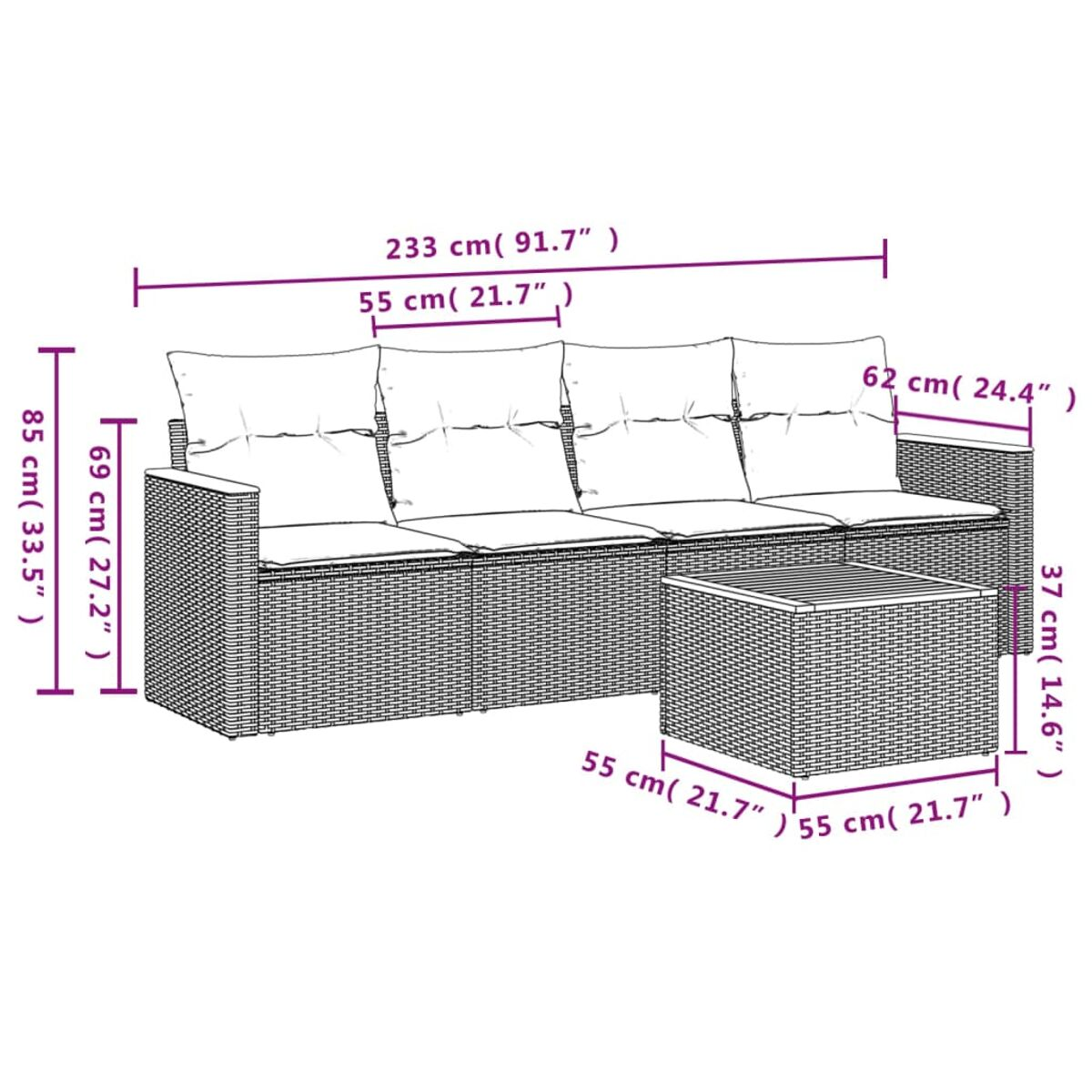 Geflochtenes Sofa und Tisch-Set mit cremefarbenen Kissen. Die Abmessungen sind beschriftet.