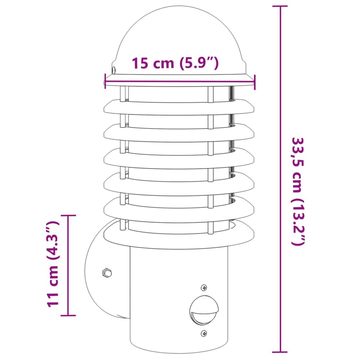 Eine weiße und graue Außenwandleuchte mit den Abmessungen 15 cm, 33,5 cm und 11 cm, die Maße zeigt.