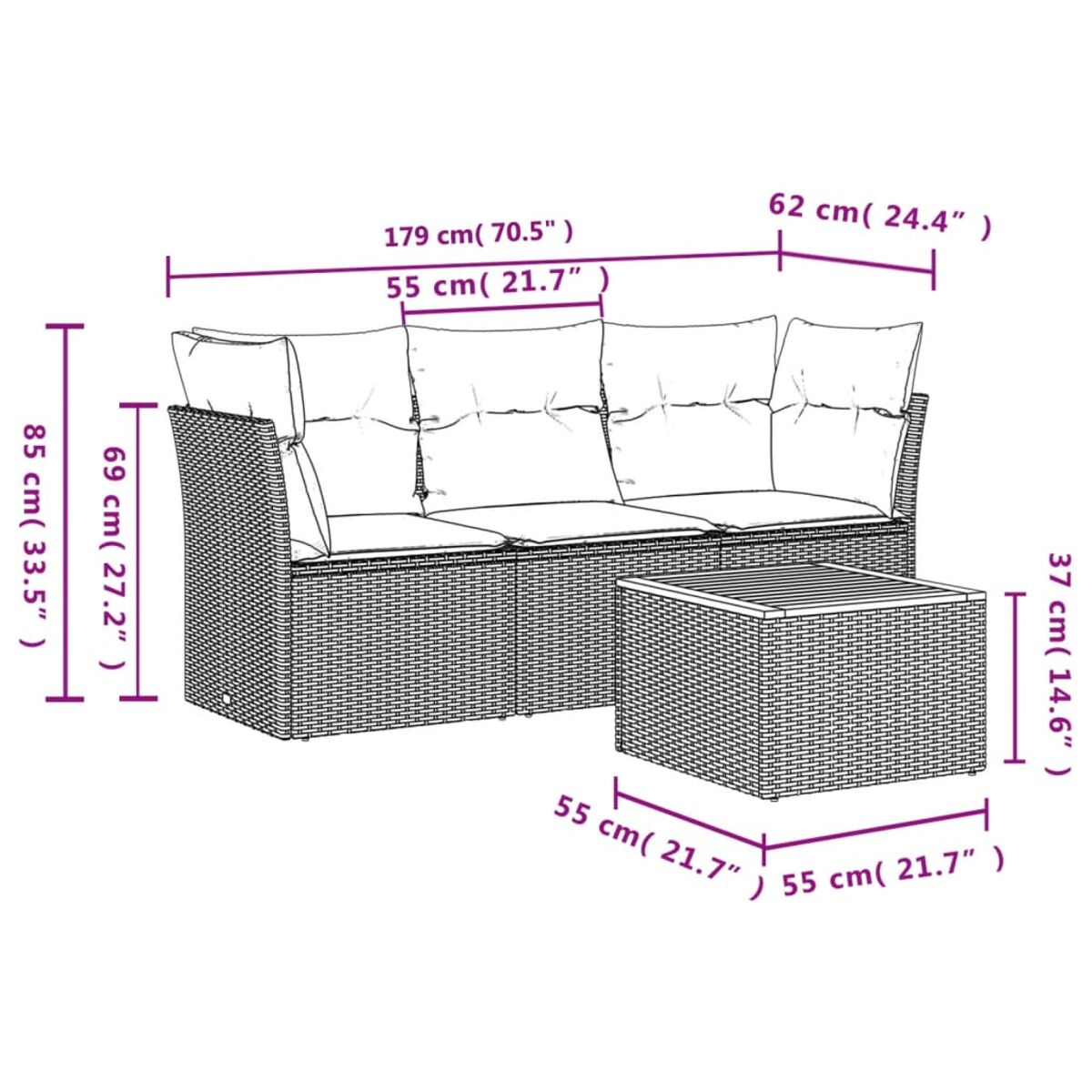 Diagramm eines Ecksofas aus Korbgeflecht für den Außenbereich und eines Tisches. Abmessungen in cm und Zoll.