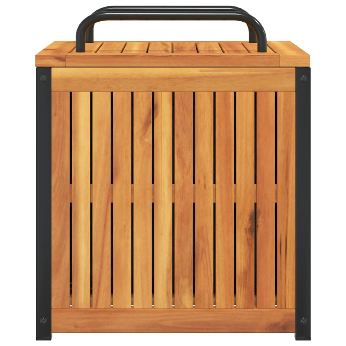 Holz-Außenaufbewahrungsbox mit schwarzem Griff.